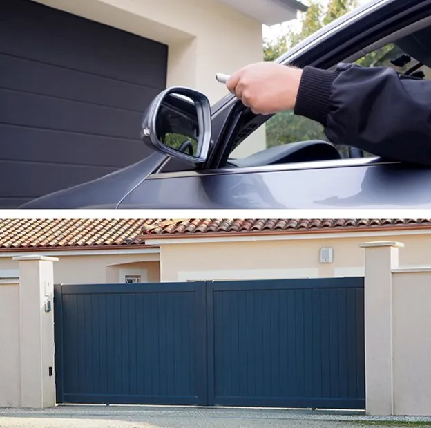 Miroir rétroviseur réglé par une personne devant un garage et une clôture.