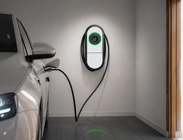 Voiture électrique en recharge avec borne murale domestique.