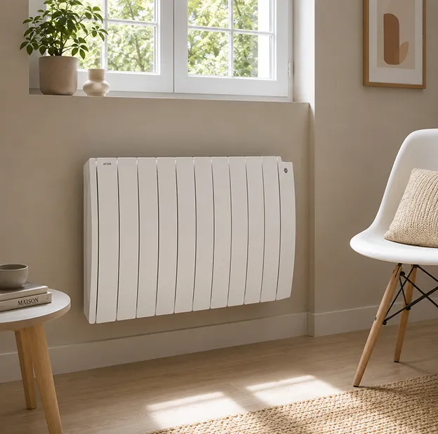 Radiateur électrique mural blanc dans un intérieur moderne et lumineux.