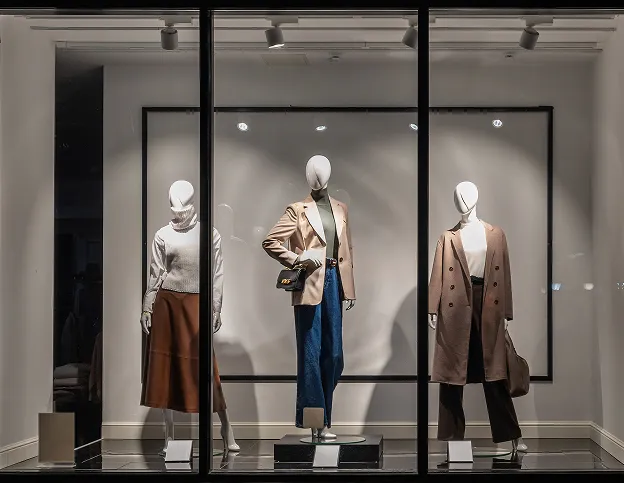 Mannequins en vitrine portant tenues élégantes et accessoires sophistiqués.